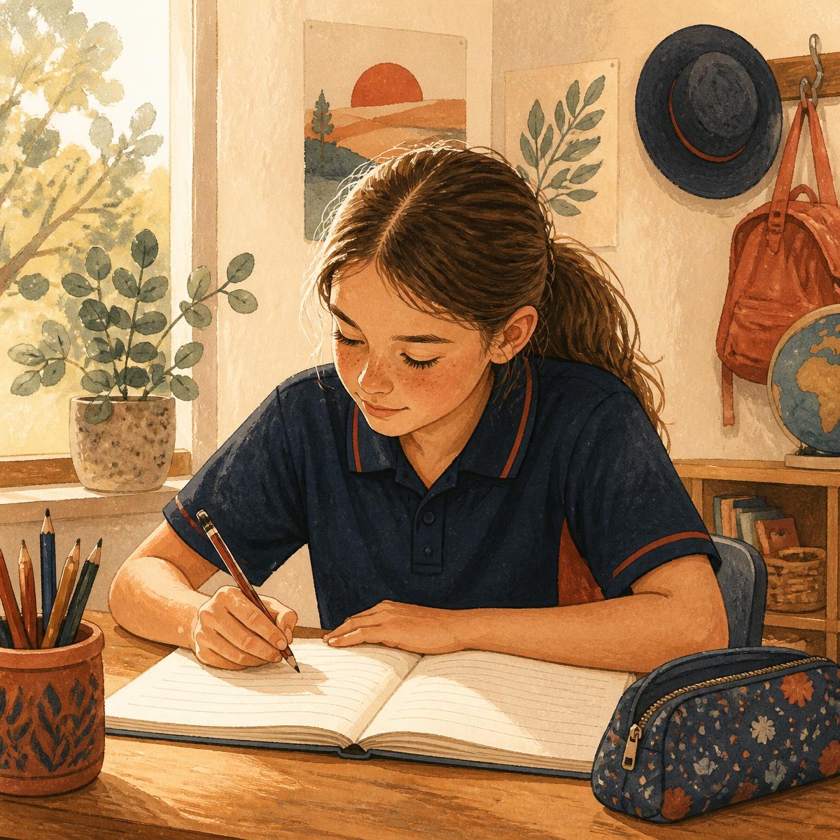 A Year 7 student writing by hand in a ruled paper workbook at a sunlit desk