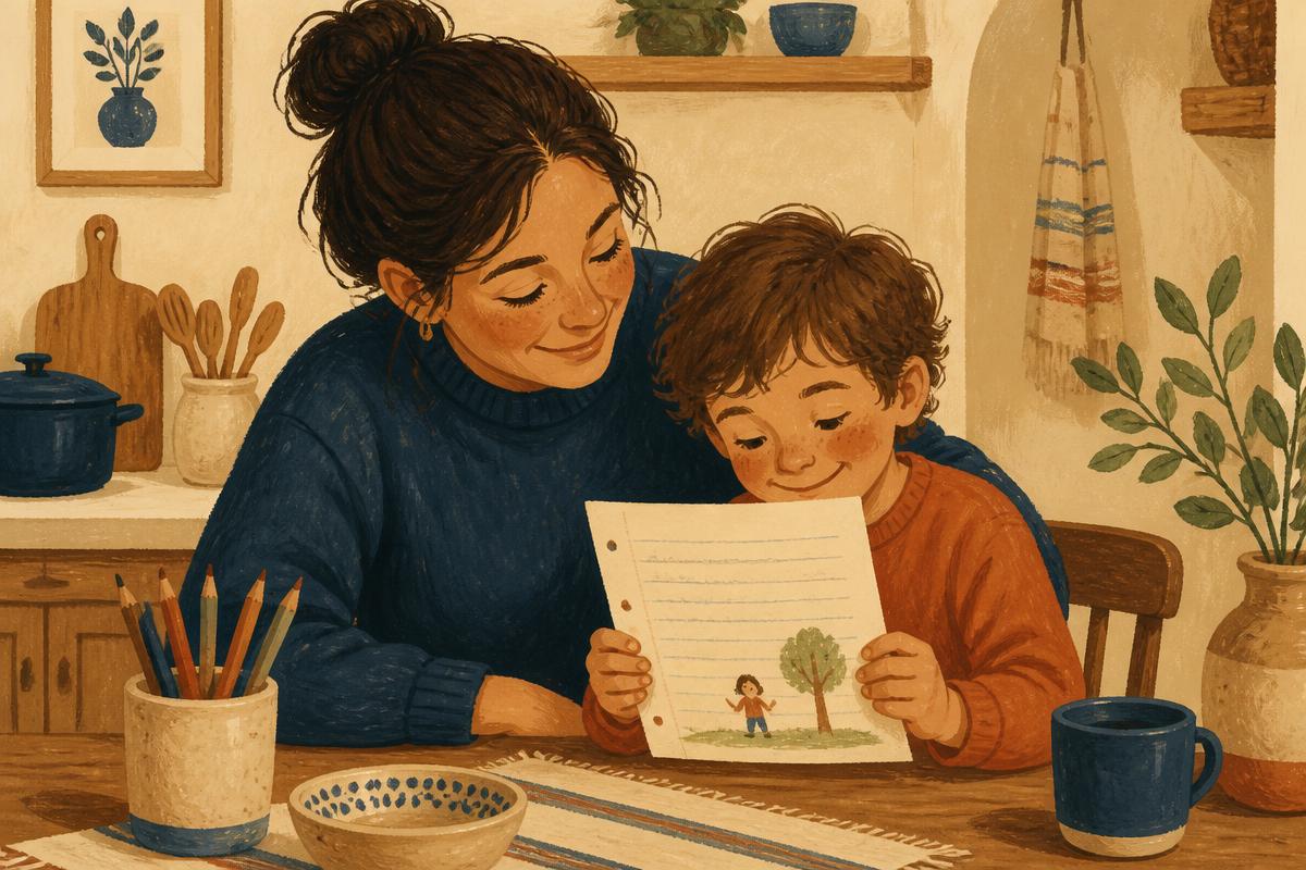 A parent and child looking together at a handwritten school writing page